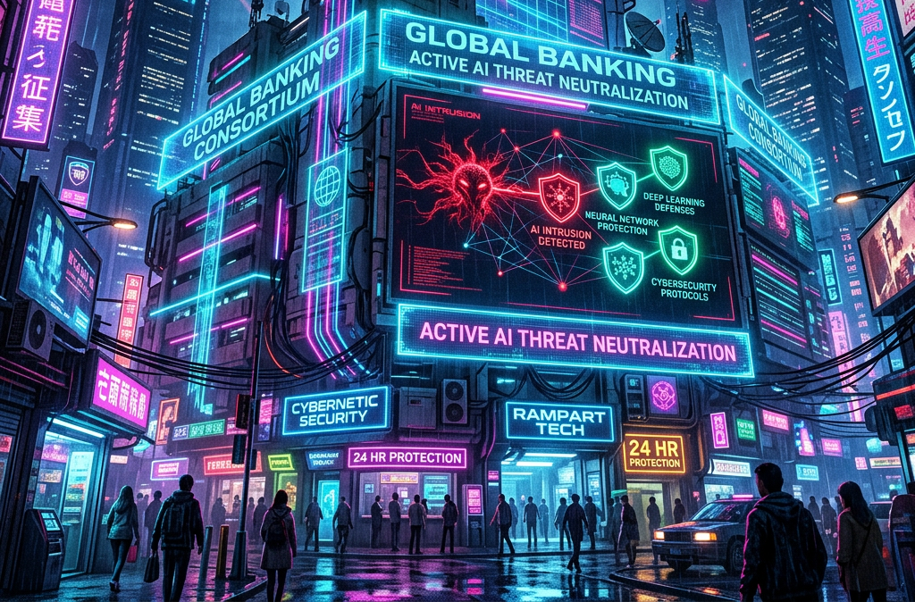 Neon-lit cyberpunk city street with a building displaying 'Global Banking Active AI Threat Neutralization' and people walking.
