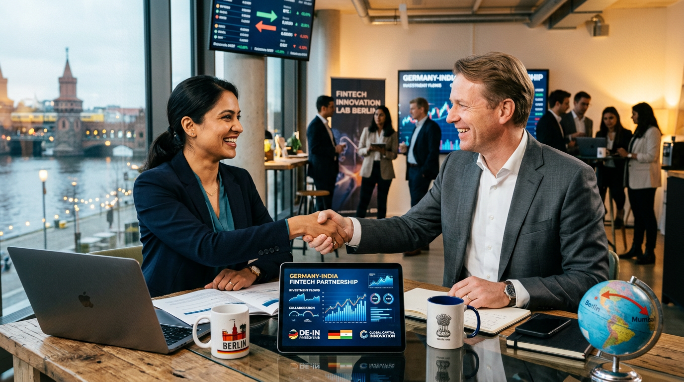Two professionals shaking hands over a Germany-India fintech partnership presentation with laptops and mugs nearby